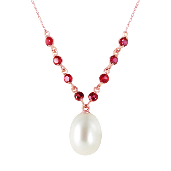 14K. SOLID GOLD NECKLACE W/ NATURAL RUBYS & PEARL (Rose Gold)